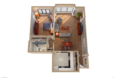 A top down view of a house with a living room, kitchen, and bedrooms.